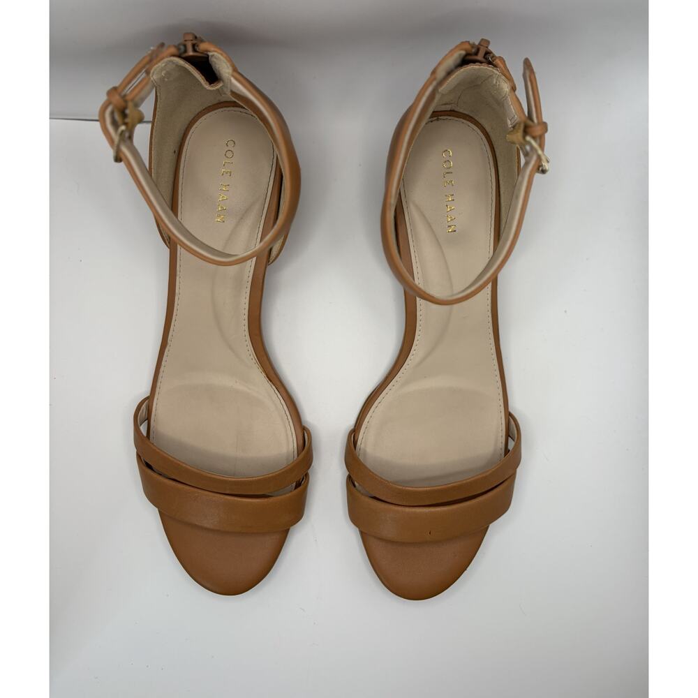 Cole Haan Leather Ankle Strap Sandals Cognac Tan Low Wedge Heel Women's Size 8 - Picture 2 of 6